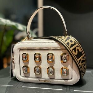 Karl Lagerfeld Paris Simone Small Leather Crossbody Multi Jewels - White - NWT
